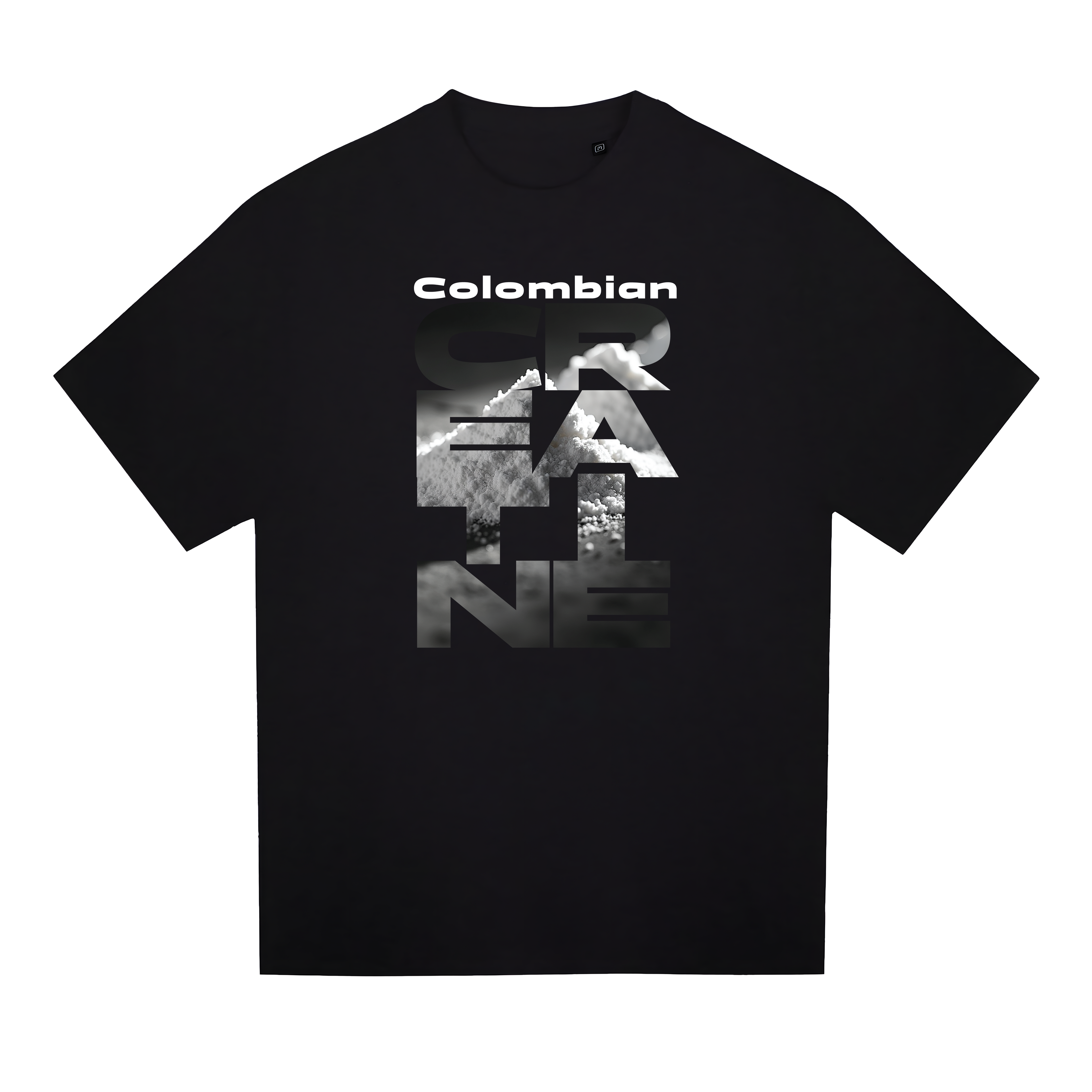 The Powder Frame heavyweight tee 300GSM by Colombian Creatine – dark oversized streetwear graphic, front