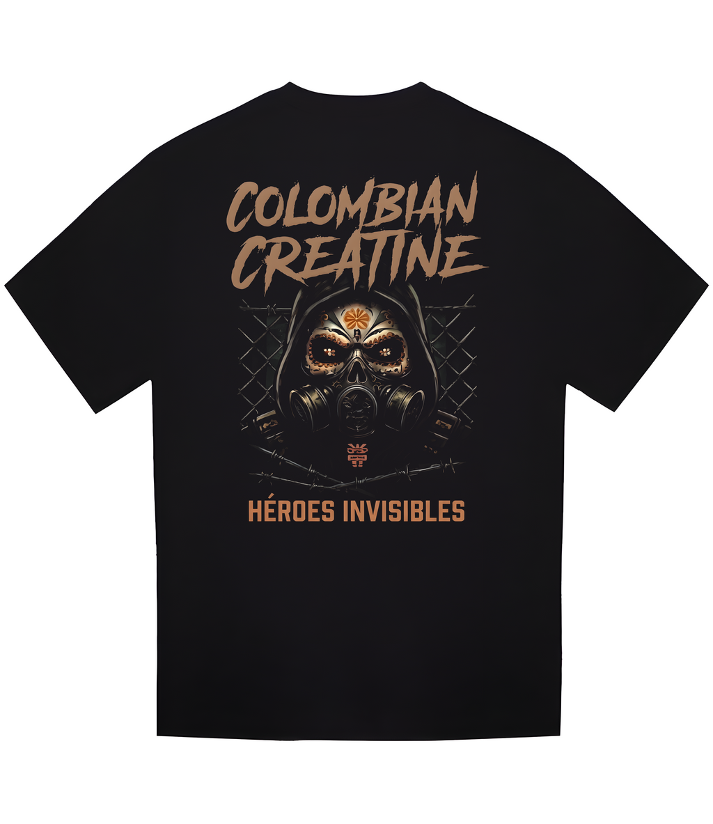 Héroes Invisibles heavyweight tee 300GSM by Colombian Creatine – dark oversized streetwear graphic, back