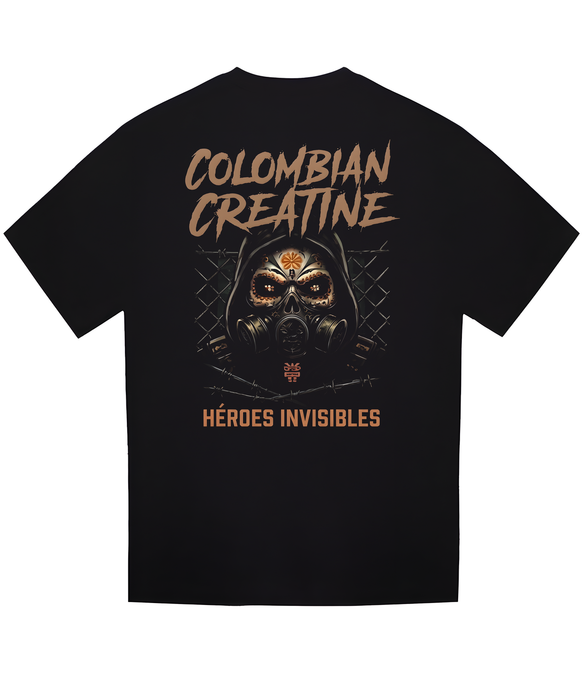 Héroes Invisibles heavyweight tee 300GSM by Colombian Creatine – dark oversized streetwear graphic, back