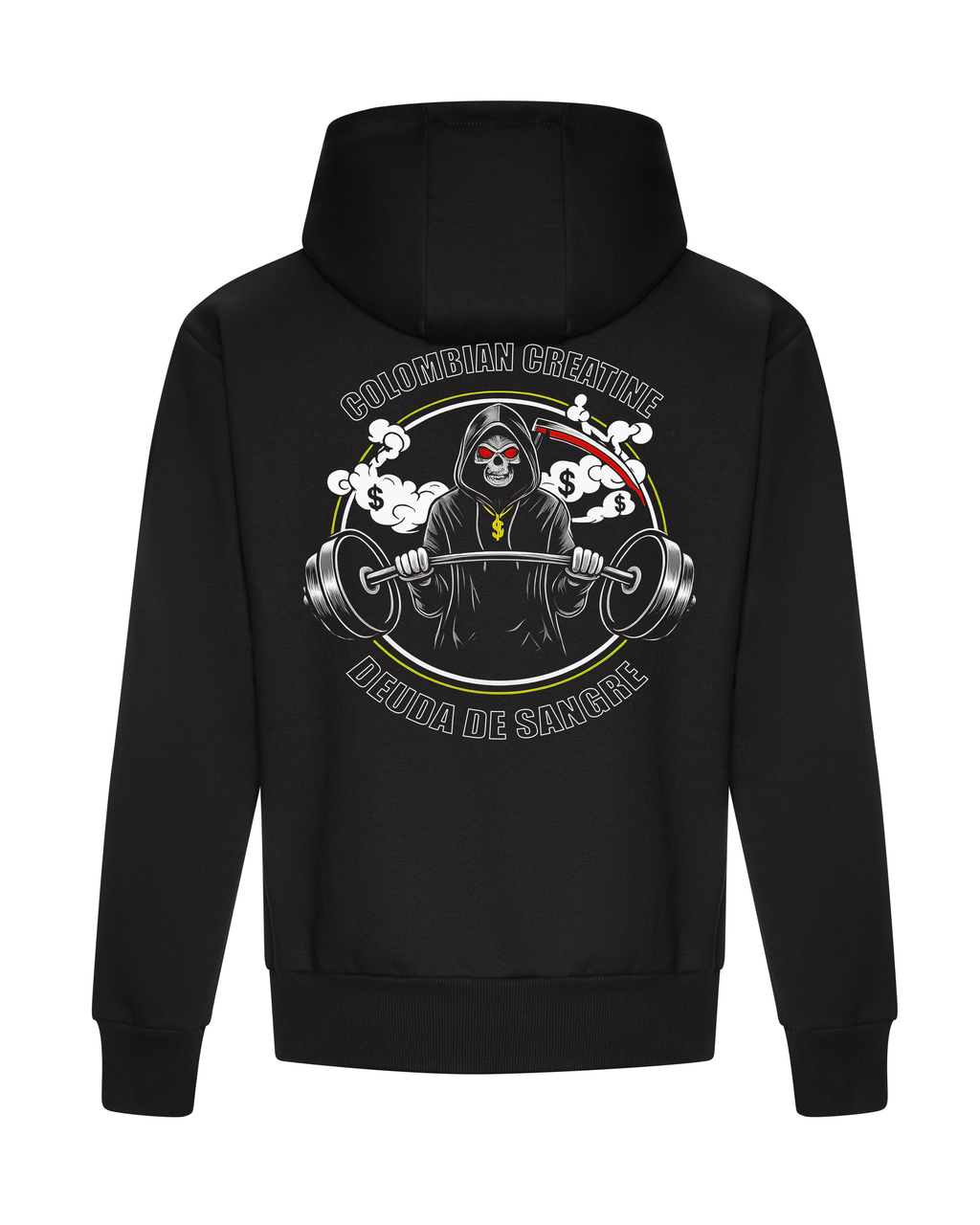 Deuda de Sangre heavyweight hoodie 440GSM by Colombian Creatine – dark oversized streetwear, front