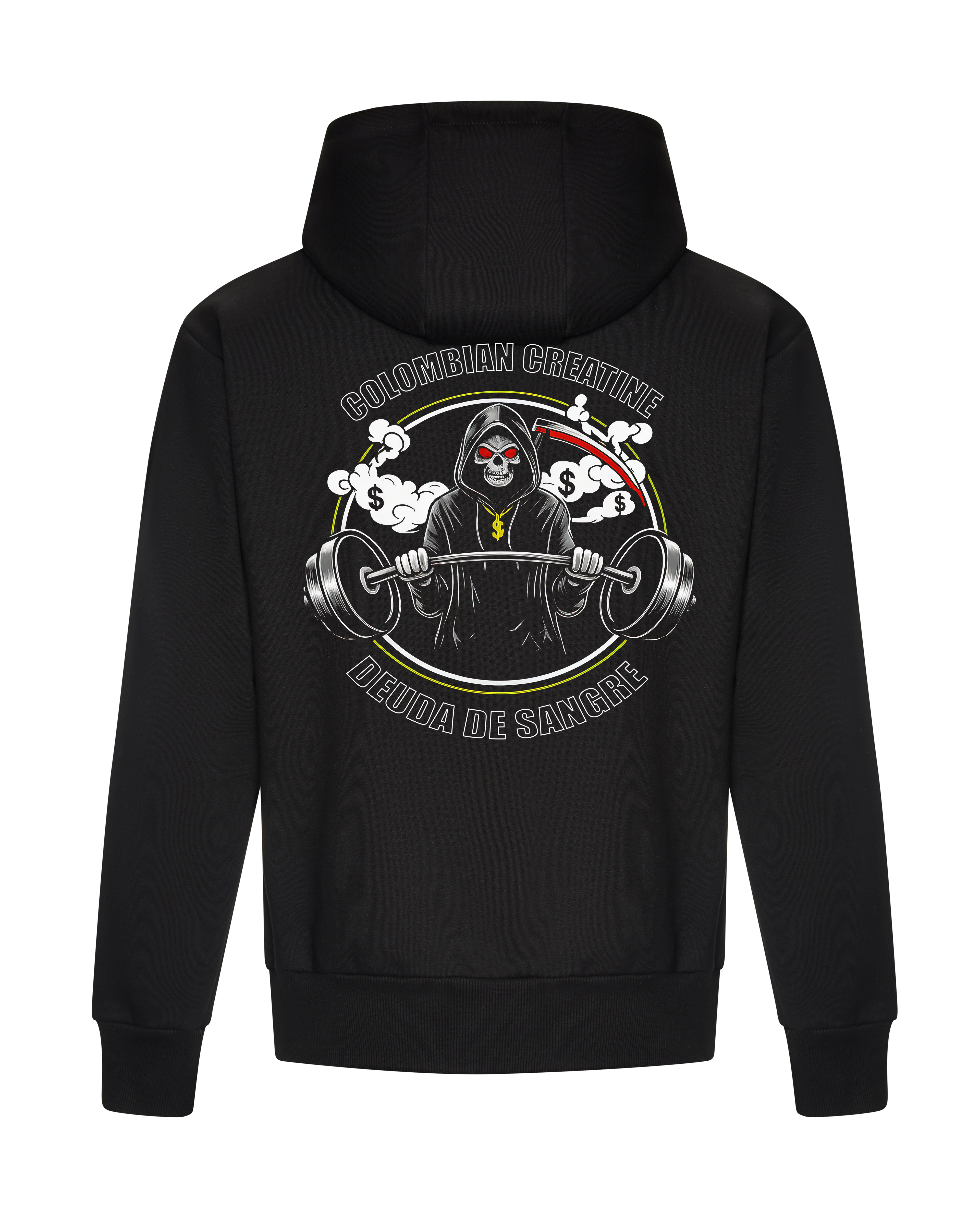 Deuda de Sangre heavyweight hoodie 440GSM by Colombian Creatine – dark oversized streetwear, front