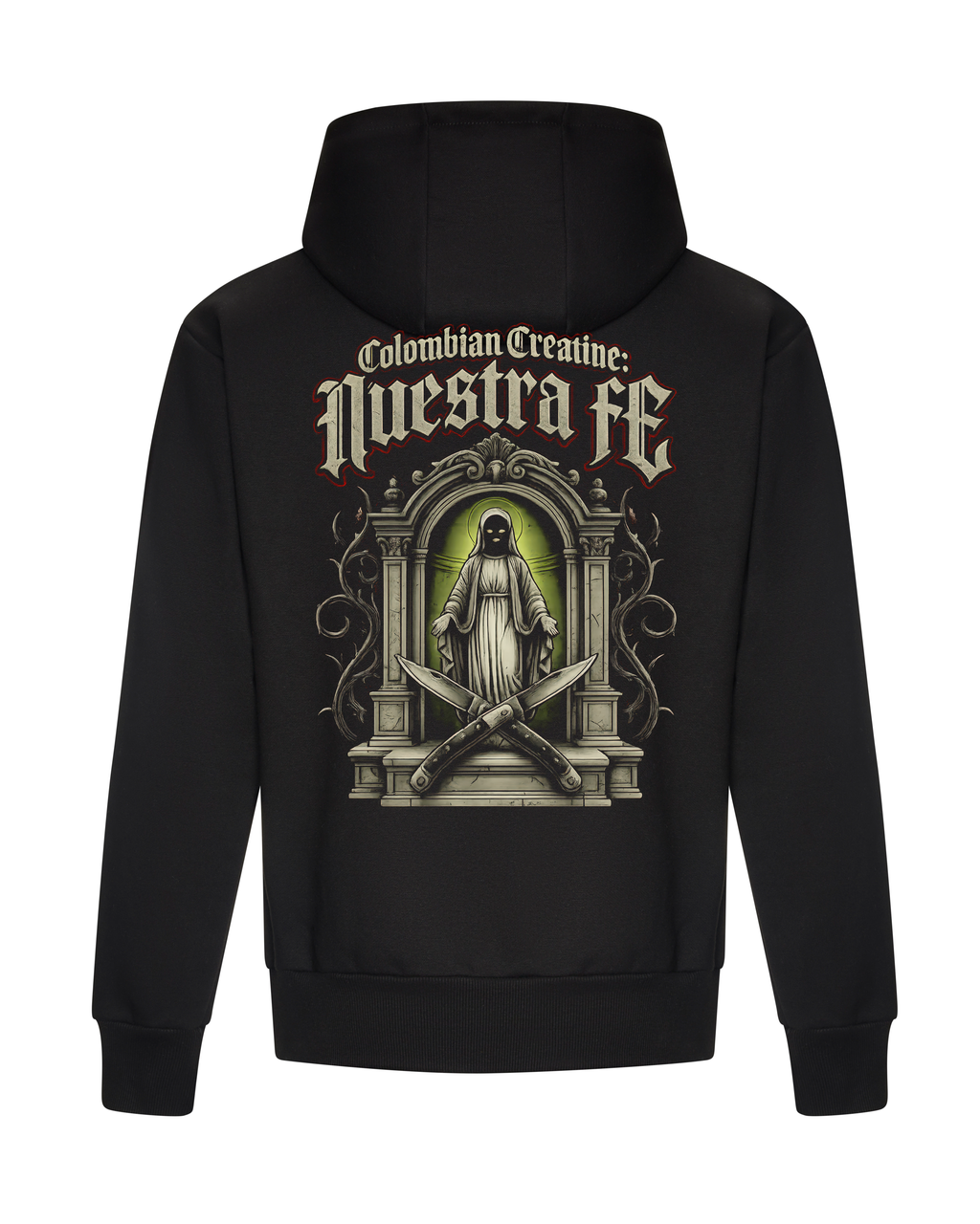 Nuestra Fe heavyweight hoodie 440GSM by Colombian Creatine – dark oversized streetwear, front