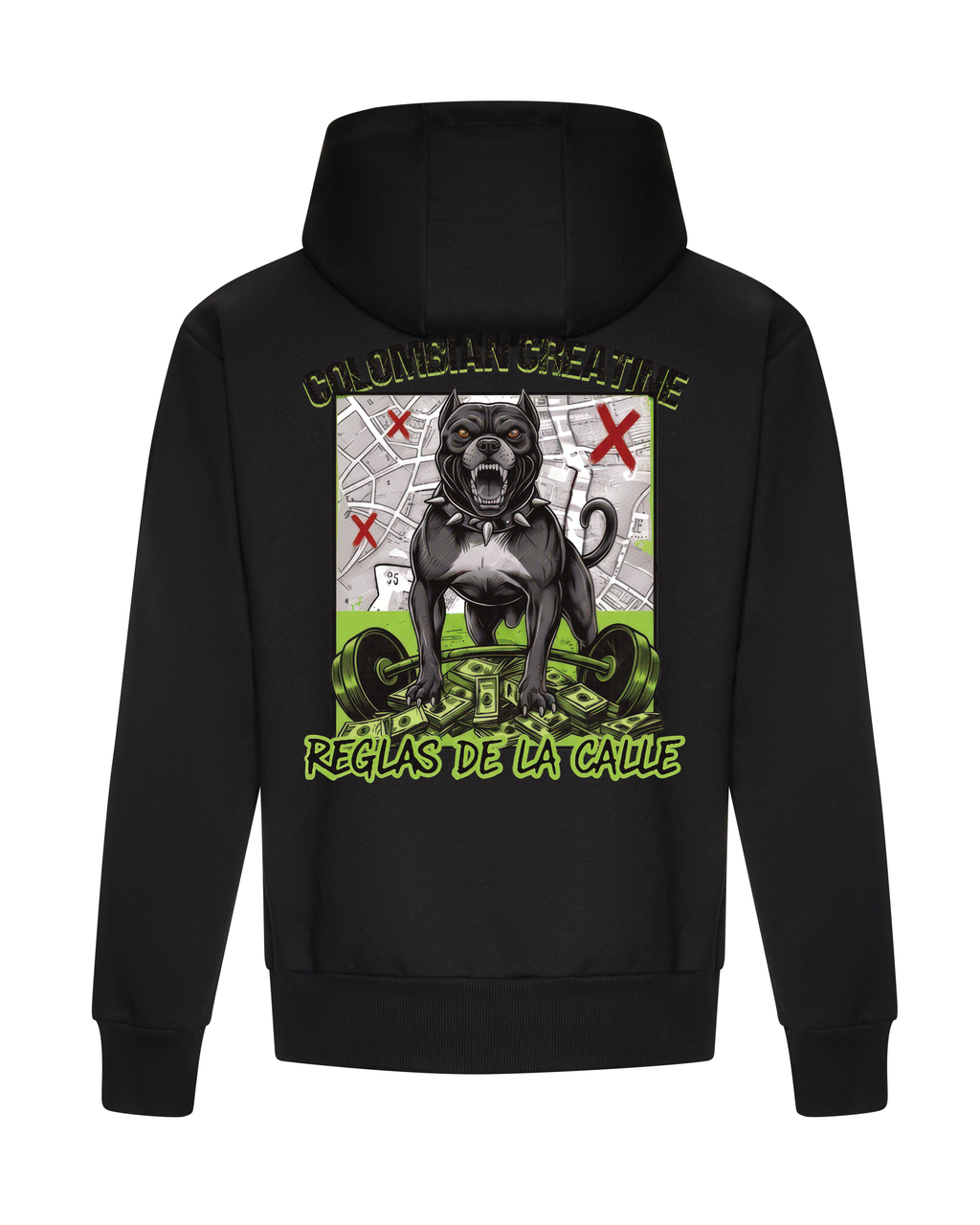 Reglas de la Calle heavyweight hoodie 440GSM by Colombian Creatine – dark oversized streetwear, front
