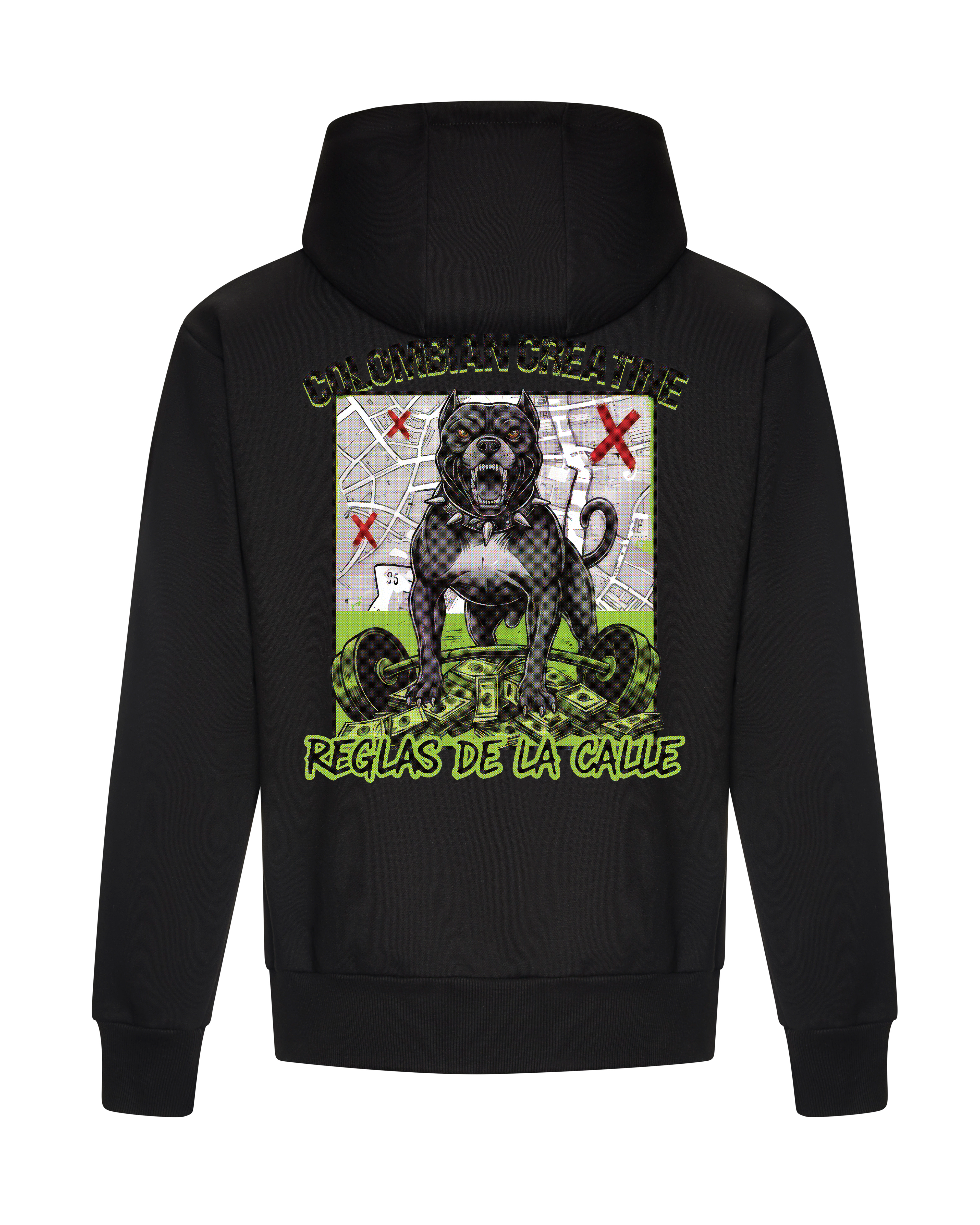 Reglas de la Calle heavyweight hoodie 440GSM by Colombian Creatine – dark oversized streetwear, front