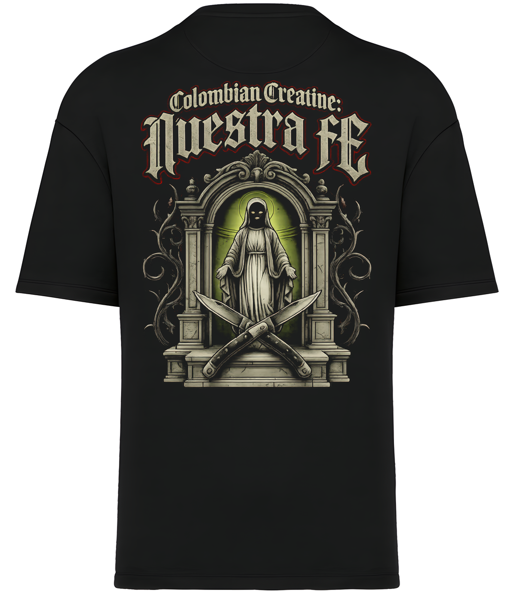Nuestra Fe premium heavyweight tee 300GSM by Colombian Creatine – organic cotton oversized streetwear, front
