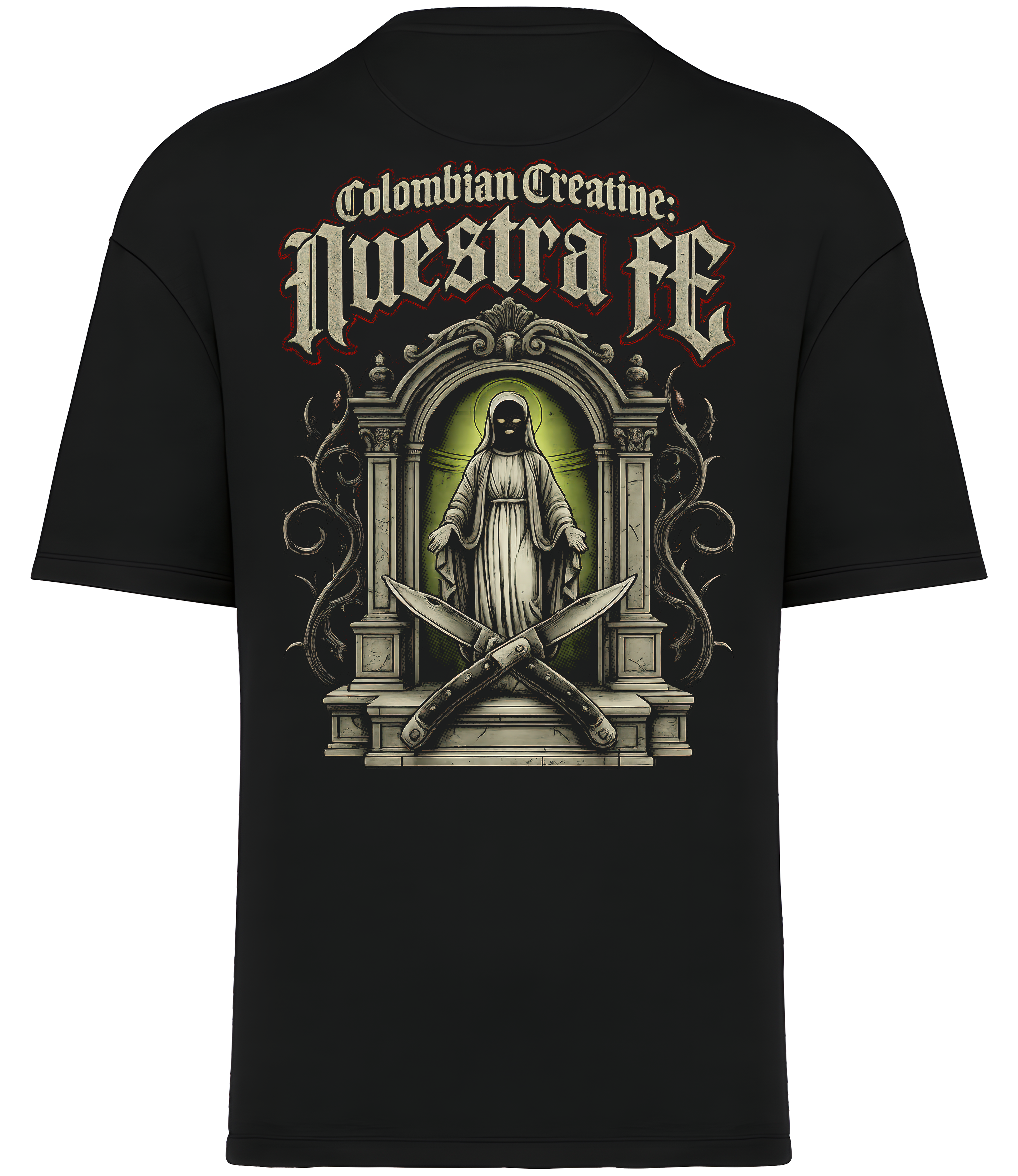 Nuestra Fe premium heavyweight tee 300GSM by Colombian Creatine – organic cotton oversized streetwear, front
