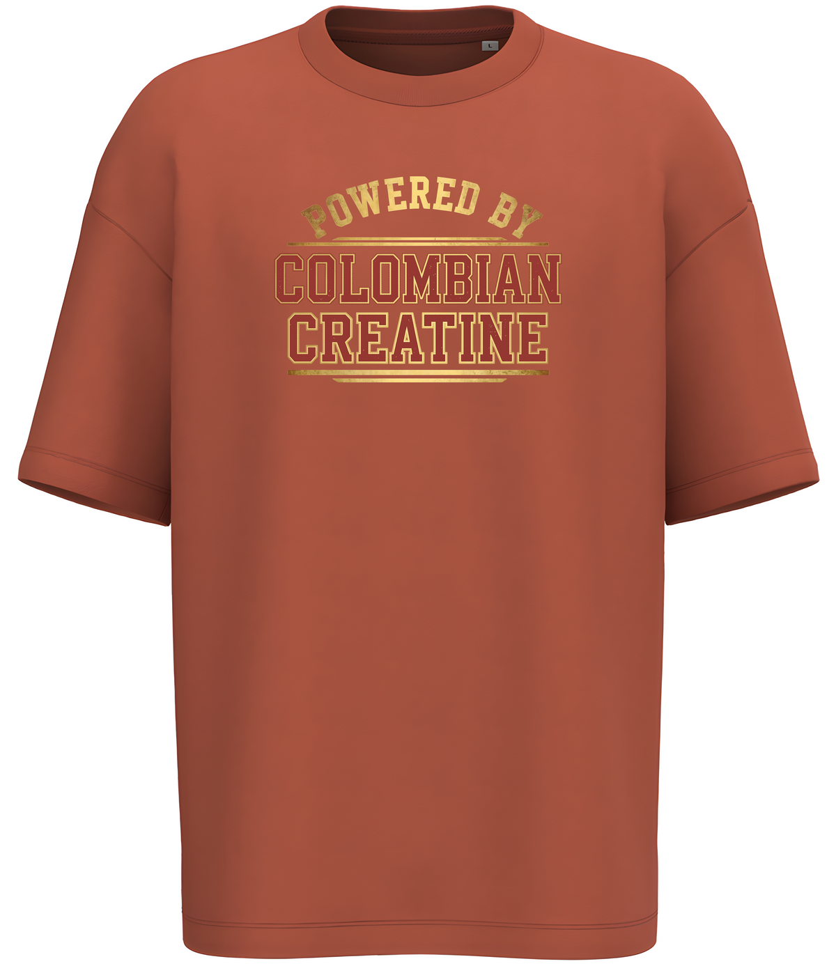 Powered By Colombian Creatine premium vintage tee 300GSM – Brick, front