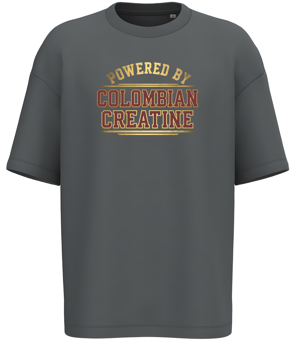 Powered By Colombian Creatine premium vintage tee 300GSM – Grey, front