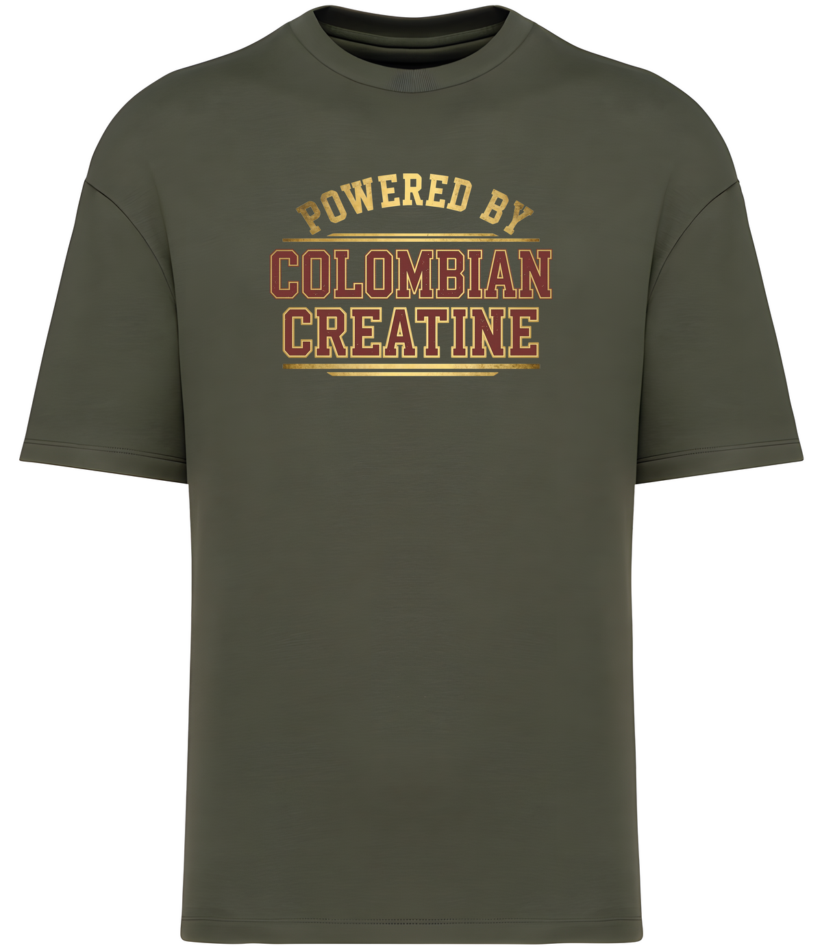 Powered By Colombian Creatine premium vintage tee 300GSM – Khaki, front