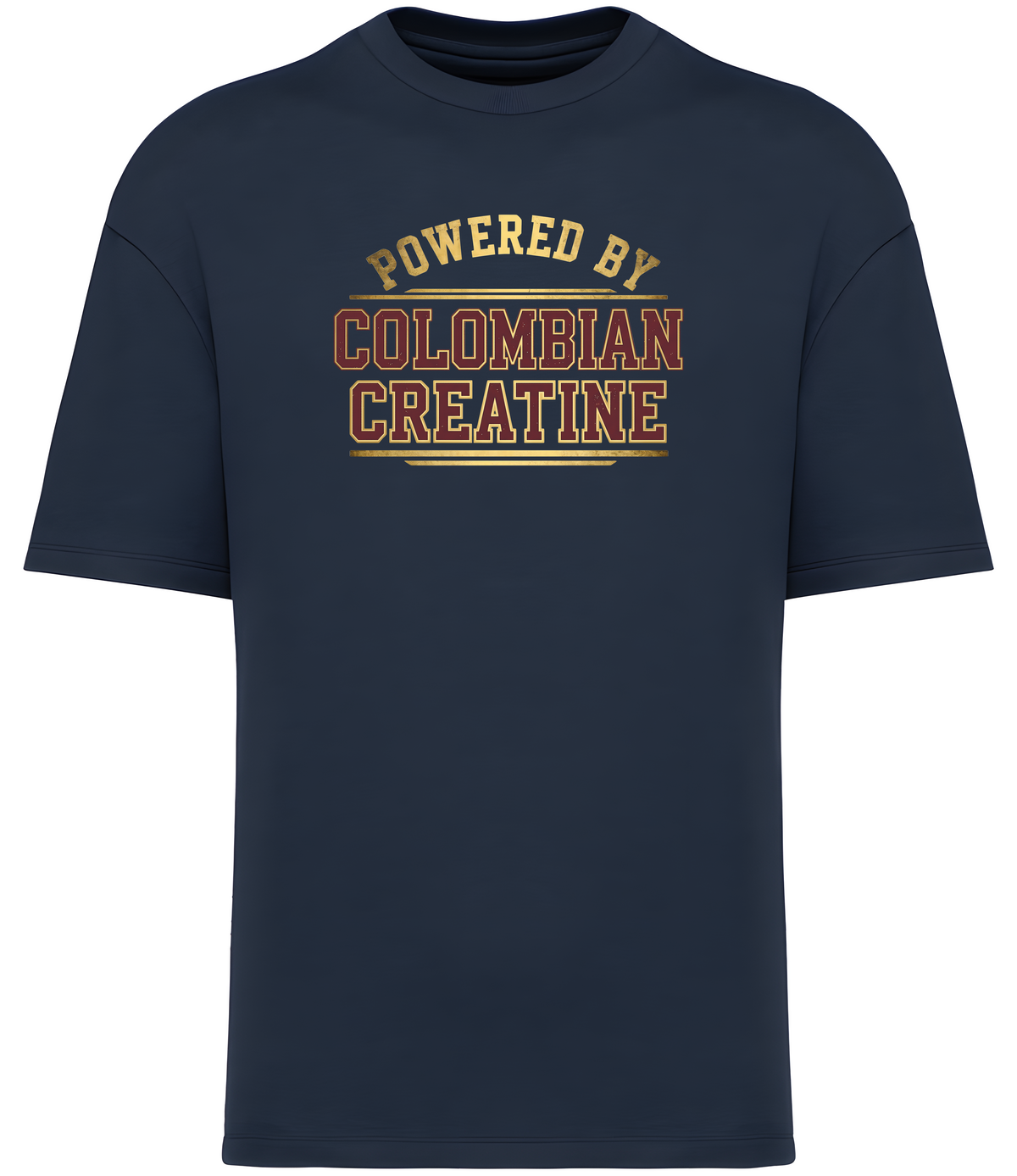Powered By Colombian Creatine premium vintage tee 300GSM – Navy, front