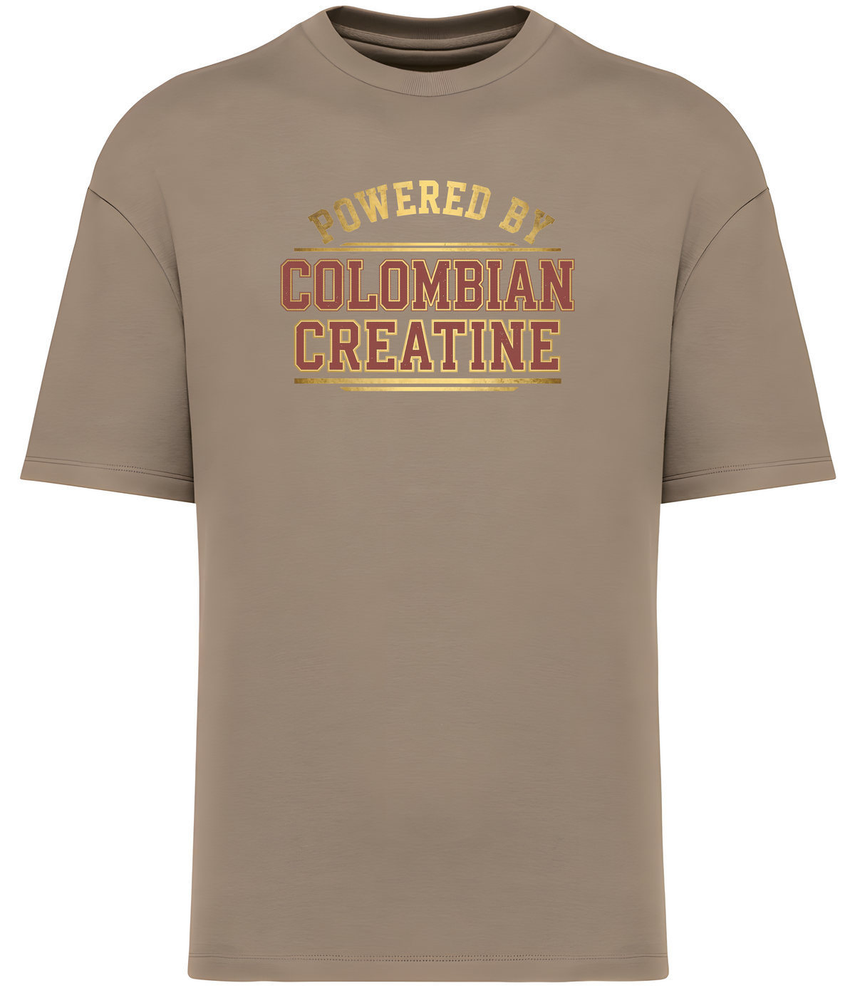 Powered By Colombian Creatine premium vintage tee 300GSM – Wet Sand, front