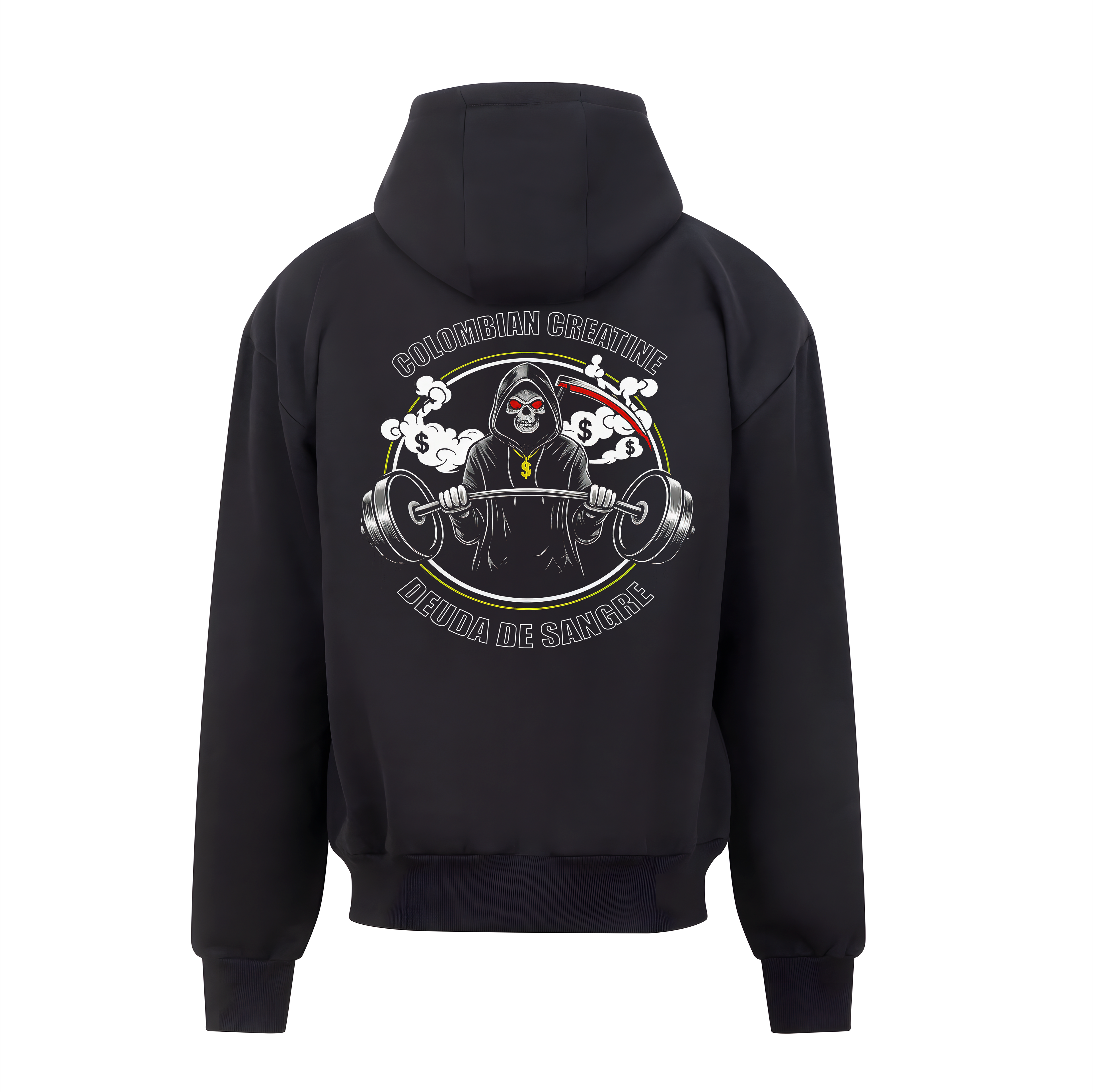 Deuda de Sangre heavyweight zoodie 440GSM by Colombian Creatine – dark oversized full-zip streetwear, front