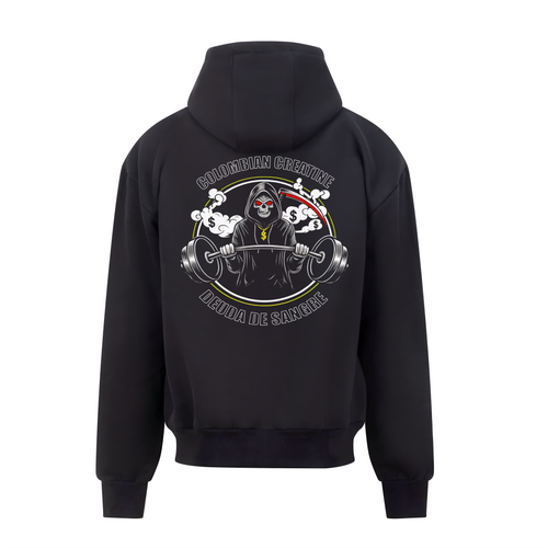 Deuda de Sangre heavyweight zoodie 440GSM by Colombian Creatine – dark oversized full-zip streetwear, front
