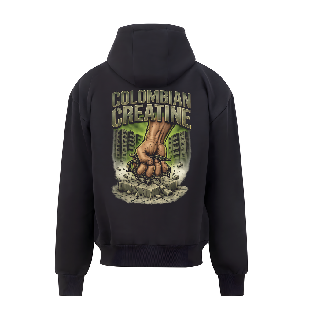 Knuckle Dust heavyweight zoodie 440GSM by Colombian Creatine – dark oversized full-zip streetwear, front
