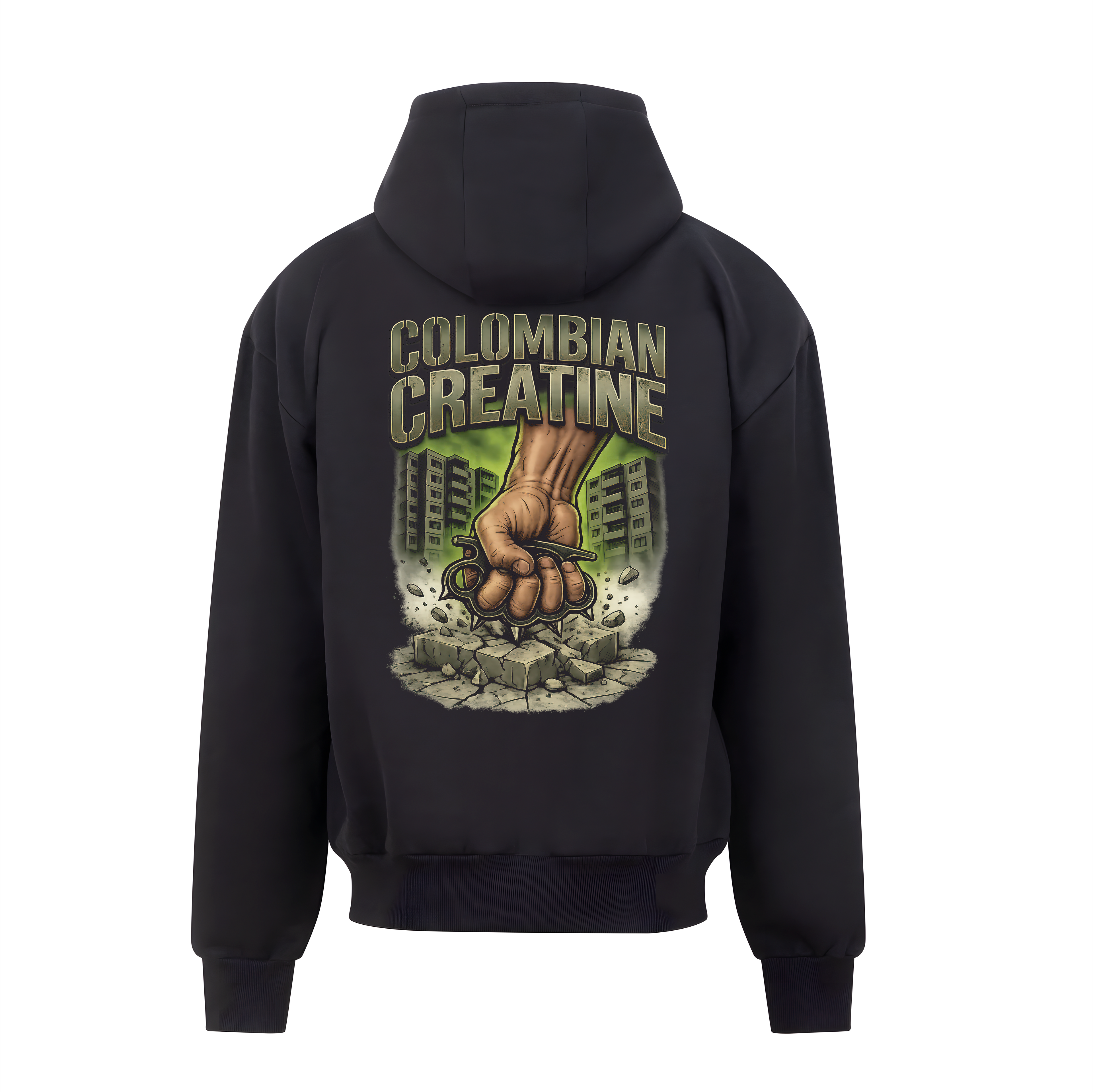 Knuckle Dust heavyweight zoodie 440GSM by Colombian Creatine – dark oversized full-zip streetwear, front