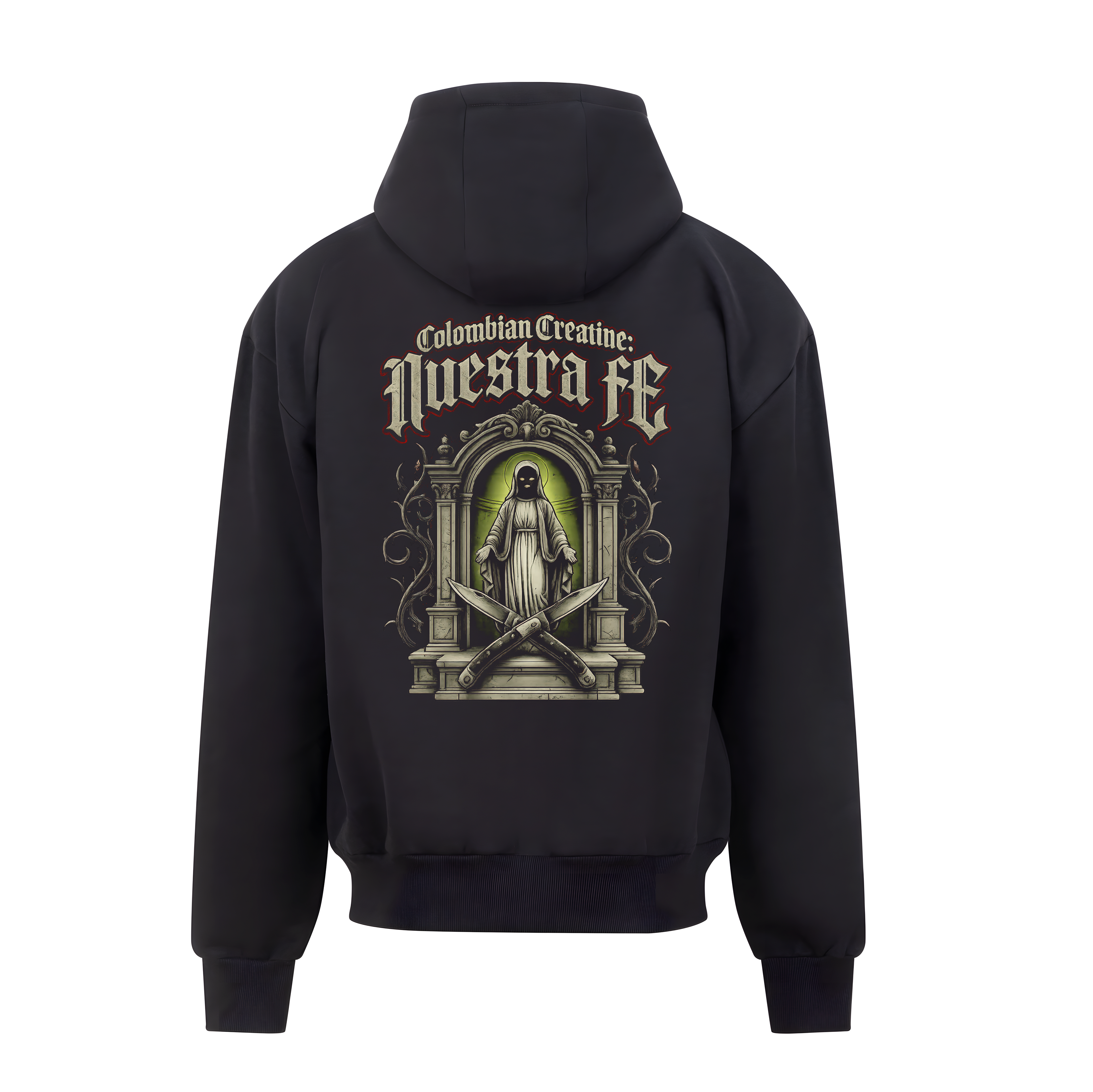 Nuestra Fe heavyweight zoodie 440GSM by Colombian Creatine – dark oversized full-zip streetwear, front