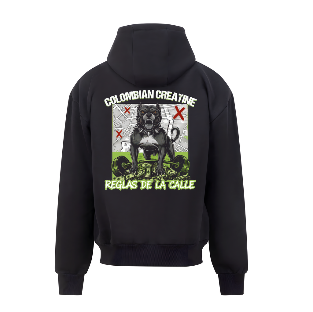 Reglas de la Calle heavyweight zoodie 440GSM by Colombian Creatine – dark oversized full-zip streetwear, front