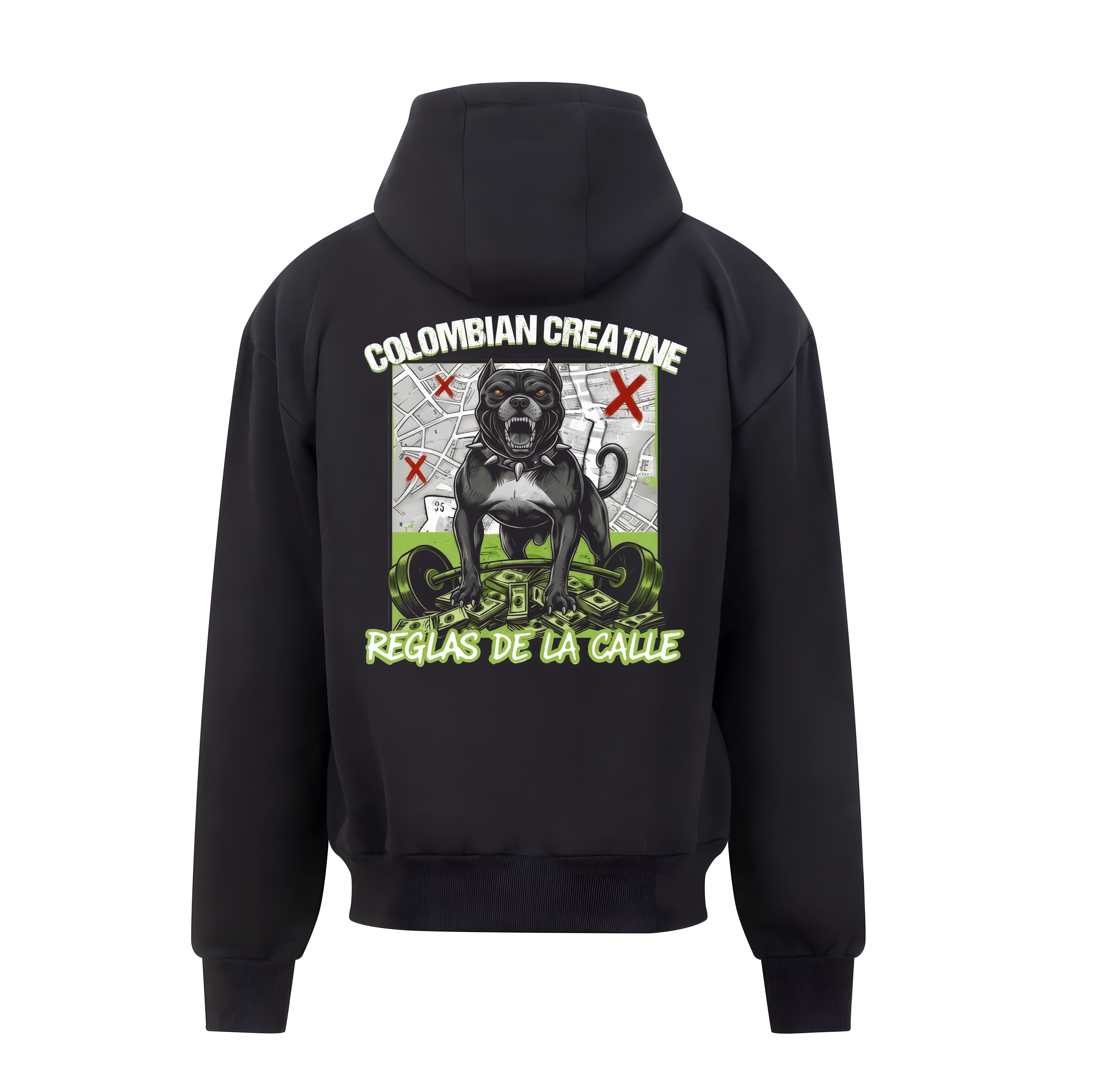 Reglas de la Calle heavyweight zoodie 440GSM by Colombian Creatine – dark oversized full-zip streetwear, front